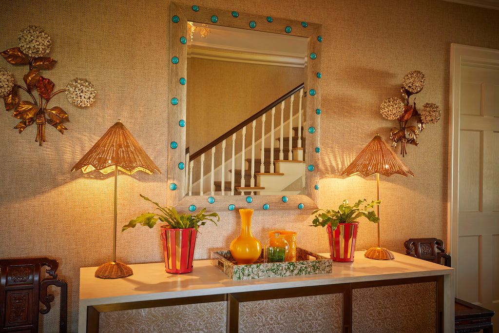 oak mirror, oak, turqoise beads, mirror